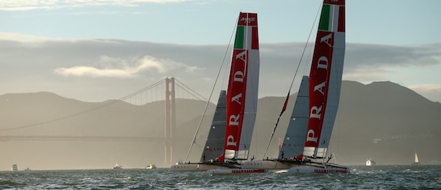 during the America's Cup World Series on October 5, 2012 in San Francisco, California. Teams are racing on an AC45 boat, which is the forerunner to the AC72 that teams will race next year in the Louis Vuitton Cup and America's Cup Finals in San Francisco.