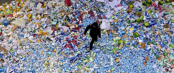 This picture taken on March 14 shows a Chinese policeman walking across a pile of fake medicines seized in Beijing in recent months, which were later destroyed. The rapid growth of Internet commerce has led to an explosion of counterfeit drugs sold around the world, with China the biggest source of fake medicines, pharmaceutical experts said as the illicit trade is now believed to be worth around 75 billion USD globally, with criminal gangs increasingly using the web to move their products across borders. CHINA OUT AFP PHOTO (Photo credit should read STR/AFP/Getty Images)
