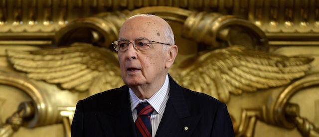 Italian President Giorgio Napolitano looks on during the swearing in ceremony of the new government at the Quirinale Palace in Rome on April 28, 2013. Italy's new coalition government was sworn in today, bringing fresh hope to a country mired in recession after two months of bitter post-election deadlock watched closely by European partners. AFP PHOTO / FILIPPO MONTEFORTE (Photo credit should read FILIPPO MONTEFORTE/AFP/Getty Images)