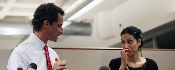 NEW YORK, NY - JULY 23: Anthony Weiner, a leading candidate for New York City mayor, holds a press conference with his wife Huma Abedin on July 23, 2013 in New York City. Weiner addressed news of new allegations that he engaged in lewd online conversations with a woman after he resigned from Congress for similar previous incidents. (Photo by John Moore/Getty Images)