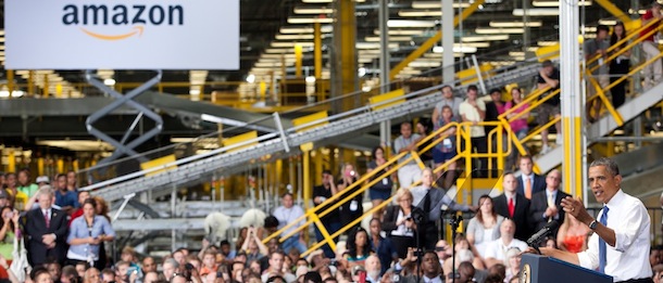 CHATTANOOGA, TN - JULY 30: President Obama makes a speech about the economy and jobs at an Amazon Fulfillment Center in Chattanooga, Tennessee on July 30, 2013. Amazon announced this week that it expected to have 7,000 job openings across the country. (Photo by Jessica McGowan/Getty Images)