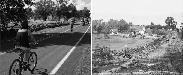 GETTYSBURG, PA - JUNE 30: (Left photo) Cyclists ride along Taneytown road, passing the Leister farm on on June 30, 2013 in Gettysburg, Pennsylvania, 150 years after the Battle of Gettysburg. The farm house was used by the victorious Union General George Meade as his headquarters during the three-day battle. (Photo by John Moore/Getty Images)GETTYSBURG, PA - JULY 7, 1863 - (Right photo) Dead horses litter the road outside the Leister farm, which was used as the headquarters of Union General George Meade during the Battle of Gettysburg on July 7, 1863 in Gettysburg, Pennsylvania (Alexander Gardner/Libarary of Congress/Getty Images)