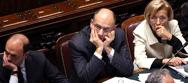 ROME, ITALY - APRIL 29: (L-R) Deputy Prime Minister and Interior Minister Angelino Alfano, new Italian Prime Minister Enrico Letta and Foreign Minister Emma Bonino attend the confidence vote at the Chamber of Deputies on April 29, 2013 in Rome, Italy. The new coalition government was formed through extensive cooperation agreements between the right and left coalitions after a two-month long post-election deadlock. (Photo by Franco Origlia/Getty Images)