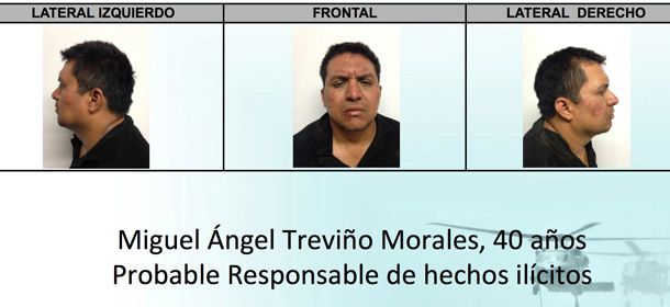 This mug shots released by Mexico's Interior Ministry on Monday, July 15, 2013, show Zetas drug cartel leader Miguel Angel Trevino Morales after his arrest. Trevino Morales, the notoriously brutal leader of the Zetas, was captured by Mexican Marines before dawn Monday who intercepted a pickup truck with $2 million in cash on a dirt road in the countryside outside the border city of Nuevo Laredo, which has long served as their base of operations, officials announced. (AP Photo/Mexico's Interior Ministry)