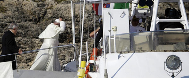 Pope Francis boards an Italian Coast Guard boat upon his arrival at the island of Lampedusa, southern Italy, Monday, July 8, 2013. Pope Francis heads Monday to the Sicilian island of Lampedusa for his first pastoral visit outside Rome, going to the farthest reaches of Italy to pray with migrants who have recently arrived and remember those who have died trying. Francis, a pope from &quot;the end of the Earth&quot; whose ancestors immigrated to Argentina from Italy, has a special place in his heart for refugees: As archbishop of Buenos Aires, he denounced the exploitation of migrants as &quot;slavery&quot; and said those who did nothing to stop it were complicit by their silence. On Monday, he will arrive at Lampedusa's port by boat and will throw a floral wreath into the sea in memory of those who died trying to reach the island, which is closer to Africa than the Italian mainland. (AP Photo/Gregorio Borgia)