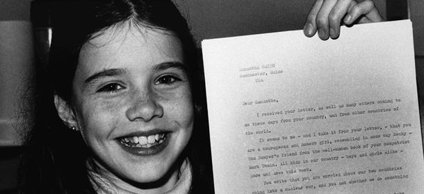Ten year old Samantha Smith, of Manchester, Maine, holds the letter from Soviet leader Yuri V. Anderopox on April 25, 1983 in Manchester, maine that have his personal assaurance that the Soviet Unioun "Will never, but never be the first to use the nuclear weapons against any country."The fifth grader had written to Andropov earlier this month congratulating him on his new job. (AP Photo/Pat Wellenbach)