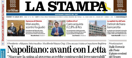 Le prime pagine di venerdì 19 luglio 2013