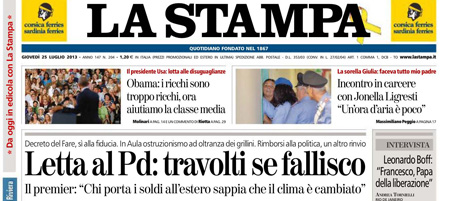 Le prime pagine di giovedì 25 luglio 2013
