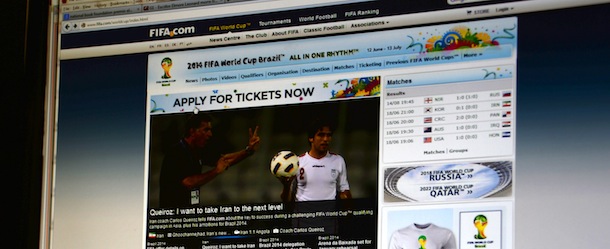 Picture of a monitor displaying the International Football Federation (FIFA) website taken on August 20, 2013 in Rio de Janeiro as the first batch of nearly one million tickets for the 2014 World Cup in Brazil went on sale on the internet. The chase for tickets began even though World Cup qualification is far from over and the draw for the final phase does not take place until December 6. The first phase of sales, relating to around a third of the total number of tickets available, lasts until October 6, after which a ballot will be held to determine the successful applications. AFP PHOTO/VANDERLEI ALMEIDA (Photo credit should read VANDERLEI ALMEIDA/AFP/Getty Images)