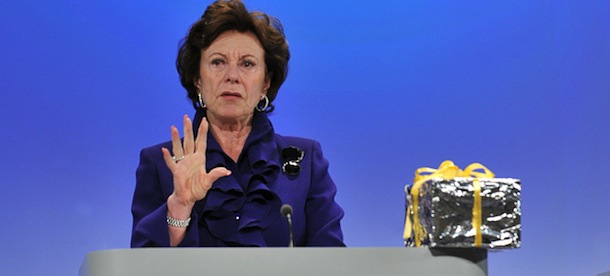 EU competition commissioner Neelie Kroes holds a press conference on December 16, 2009 at the EU headquarters in Brussels. The European Commission has adopted a decision that renders legally binding commitments offered by Microsoft to boost competition on the web browser market, ending the latest front in a decade-long anti-trust battle. AFP PHOTO / GEORGES GOBET (Photo credit should read GEORGES GOBET/AFP/Getty Images)
