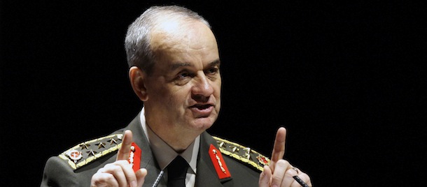 Turkey's Chief of Staff Gen. Ilker Basbug addresses the War Academy in Istanbul, Turkey, Tuesday, April 14, 2009. Basbug said the armed forces are the target of a smear campaign by Islamic groups bent on portraying them as opposed to religion. (AP Photo/Ibrahim Usta)