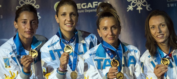 From left, Elisa Di Francisca, Carolina Erba Arianna Errigo and Valentina Vezzali of Italy display their gold medals, during the medal ceremony of the women’s foil team competition of the World Fencing Championships in Budapest, Hungary, Saturday, Aug. 10, 2013. (AP Photo/MTI, Tibor Illyes)