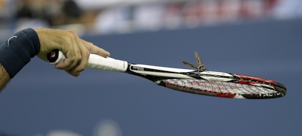 Juan Martin del Potro, of Argentina, removes an insect from the court by using his racquet during a second round match against Lleyton Hewitt, of Australia, at the U.S. Open tennis tournament, Friday, Aug. 30, 2013, in New York. (AP Photo/Darron Cummings)