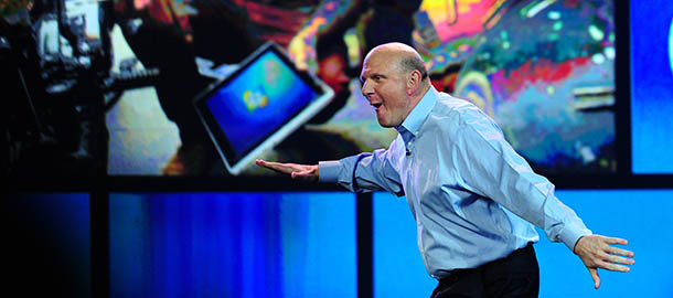 Microsoft CEO Steve Ballmer gestures while arriving on the stage for his keynote address for CES 2012 at the annual Consumer Electronics Show on January 9, 2012 in Las Vegas, Nevada. AFP PHOTO / Frederic J. BROWN (Photo credit should read FREDERIC J. BROWN/AFP/Getty Images)