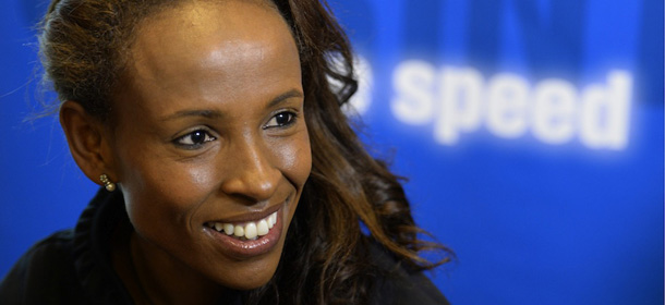 Ethiopia's 5000 meters racer Meseret Defar smiles as she answers journalists questions during a press conference in Zurich, Switzerland, Wednesday, Aug. 28, 2013. Defar is amongst the top athletes to participate in Thursday's Golden League athletics meeting in Zurich. (AP Photo/Keystone, Steffen Schmidt)