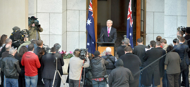 Australia's Prime Minister Kevin Rudd (top C) addresses the media after calling a general election in Canberra on August 4, 2013. Rudd on August 4 named September 7 as election day, hoping to complete a stunning political comeback by keeping the centre-left Labor Party in power three years after it ousted him. AFP PHOTO (Photo credit should read STR/AFP/Getty Images)