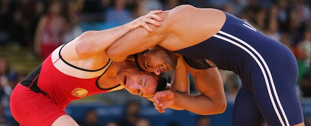 during the Wrestling on Day 9 of the London 2012 Olympic Games at ExCeL on August 5, 2012 in London, England.