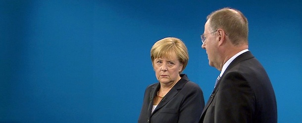 This screenshot made available by public broadcaster ARD shows German Chancellor Angela Merkel (L) and her challenger Peer Steinbrueck of the SPD during a television debate in Berlin on Septeember 1, 2013 ahead of the General election taking place on September 22. AFP PHOTO / POOL / WDR / RTL / MAX KOHR

RESTRICTED TO EDITORIAL USE - MANDATORY CREDIT "AFP PHOTO / POOL / WDR / RTL MAX KOHR" - NO MARKETING NO ADVERTISING CAMPAIGNS - DISTRIBUTED AS A SERVICE TO CLIENTS (Photo credit should read MAX KOHR/AFP/Getty Images)