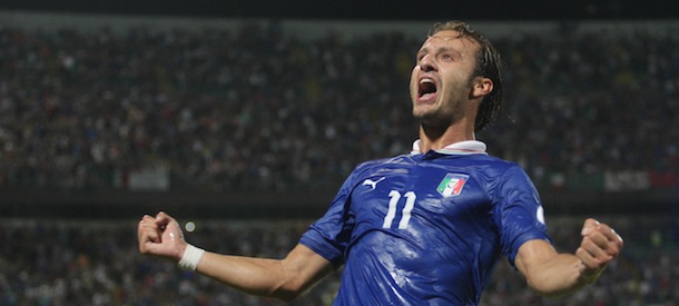 Italian's forward Alberto Gilardino celebrates after scoring during the FIFA World Cup 2014 qualifying football match Italy vs Bulgaria on September 6, 2013 at Renzo Barbera stadium in Palermo. AFP PHOTO / MARCELLO PATERNOSTRO (Photo credit should read MARCELLO PATERNOSTRO/AFP/Getty Images)