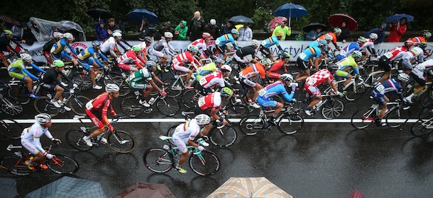 in action during the Elite Men's Road Race, a 272km race from Lucca to Florence on September 29, 2013 in Florence, Italy.
