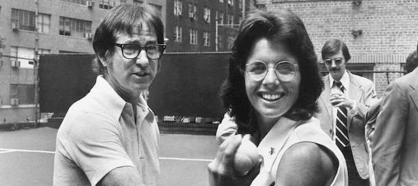 Bobby Riggs, left, with Billie Jean King who will meet on Sept. 20, 1973 in a tennis match are shown Aug. 1973. (AP Photo)