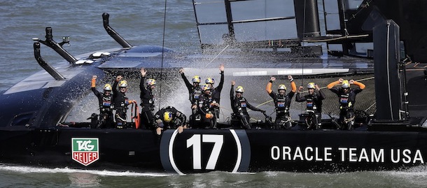 Oracle Team USA crew celebrates after winning the 19th race against Emirates Team New Zealand to win the America's Cup sailing event Wednesday, Sept. 25, 2013, in San Francisco. (AP Photo/Marcio Sanchez)