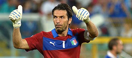 Italy's goalkeeper Gianluigi Buffon gestures during the FIFA World Cup 2014 qualifying football match Italy vs Bulgaria on September 6, 2013 at Renzo Barbera stadium in Palermo. AFP PHOTO / ALBERTO PIZZOLI (Photo credit should read ALBERTO PIZZOLI/AFP/Getty Images)
