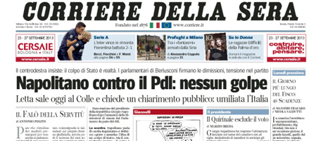 Le prime pagine di venerdì 27 settembre 2013