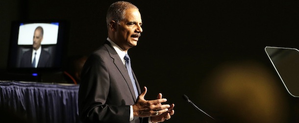 United States Attorney Gen. Eric Holder speaks to the American Bar Association Annual Meeting Monday, Aug. 12, 2013, in San Francisco. In remarks to the association, Holder said the Obama administration is calling for major changes to the nation's criminal justice system that would cut back the use of harsh sentences for certain drug-related crimes. (AP Photo/Eric Risberg)