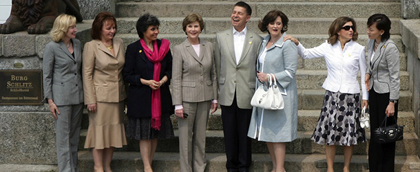 WISMAR, GERMANY - JUNE 07: (L-R) Spouses of the Leaders of the G8 countries, Laureen Harper, wife of Canadian Prime Minister Stephen Harper, Lyudmila Putina, wife of the Russian President Vladimir Putin, Flavia Prodi, wife of Italian Prime Minister Romano Prodi, First Lady Laura Bush, wife of U.S. President George W. Bush, Prof. Joachim Sauer, husband of German Chancellor Angela Merkel, Cherie Blair, wife of the British Prime Minister, Tony Blair, Sousa Uva, wife of EU Commission Chairman Jose Manuel Barroso and Akie Abe, the wife of Japanese Prime Minister Shinzo Abe all pose for a group picture in front of Schloss Schlitz on June 7, 2007 in Hohen Demzin, Germany. While the G8 Heads of State discuss world political issues at their working meetings in Heiligendamm, their spouses enjoy an informational program showcasing a few of the region's cultural and historical highlights. (Photo by Krafft Angerer/Getty Images) *** Local Caption *** Laureen Harper;Lyudmila Putina;Flavia Prodi;Laura Bush;Joachim Sauer;Cherie Blair;Sousa Uva;Akie Abe