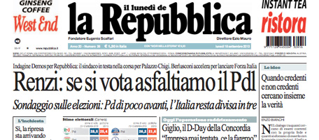 Le prime pagine di lunedì 16 settembre 2013