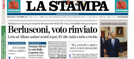 Le prime pagine di mercoledì 11 settembre 2013