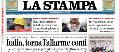 Le prime pagine di venerdì 13 settembre 2013