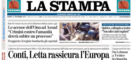 Le prime pagine di sabato 14 settembre 2013