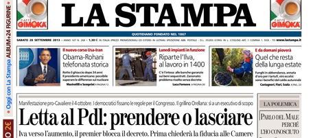 Le prime pagine di sabato 28 settembre 2013