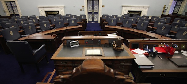 Ireland's Seanad chamber, also known as the upper house of the Irish parliament, is pictured inside Leinster House in Dublin, Ireland, on October 2, 2013. It has been described as elitist, a political dinosaur and a mere talking shop but this week's referendum on whether to abolish Ireland's upper house of parliament is proving harder to sell than Dublin might have predicted. AFP PHOTO / PETER MUHLY (Photo credit should read PETER MUHLY/AFP/Getty Images)