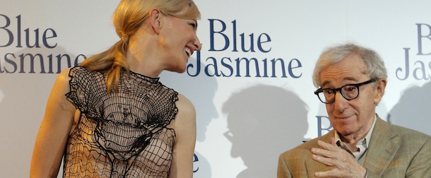 Director and actor Woody Allen, right, and Australian actress Cate Blanchett, joke as they arrive for the French premiere of Blue Jasmine, in Paris, Tuesday, Aug. 27, 2013. (AP Photo/Christophe Ena)