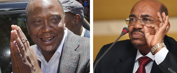 This combination image made from two file photos showing Kenyan President-Elect Uhuru Kenyatta, at left, gesturing to queuing voters after casting his vote near Gatundu, north of Nairobi, in Kenya Monday, March 4, 2013, and the photo at right, showing Sudanese President Omar al-Bashir speaking to reporters during a visit to Tripoli, Libya Saturday, Jan. 7, 2012. A top Kenyan official said Monday April 8, 2013, that Sudanese President Omar al-Bashir is not traveling to Nairobi to attend Tuesday's presidential inauguration despite press reports to the contrary, adding that Sudan's government is invited but not al-Bashir. (AP Photo)
