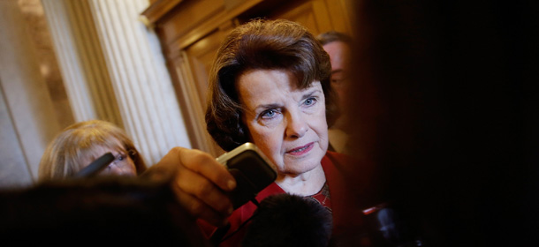 WASHINGTON, DC &#8211; APRIL 11: U.S. Sen. Barbara Feinstein (D-CA) speaks with reporters after the first vote on gun reform in the U.S. Senate at the U.S. Capitol April 11, 2013 in Washington, DC. The Senate voted to approve the procedural motion allowing further debate on the gun reform legislation pending before Congress and sought by the Obama administration. (Photo by Win McNamee/Getty Images)
