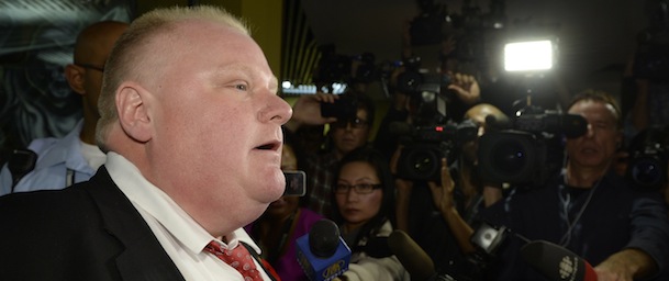 Mayor Rob Ford talks to media at City Hall in Toronto on Thursday, Oct. 31, 2013. Ford that appears to show him smoking a crack pipe. (AP Photo/The Canadian Press, Frank Gunn)
