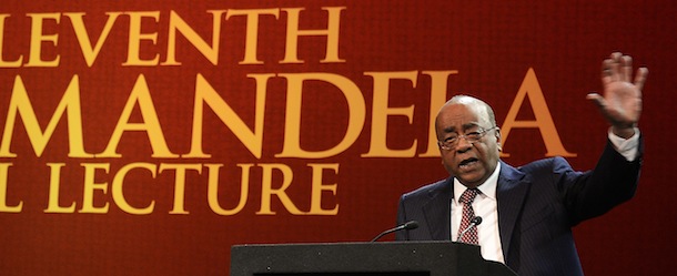 Sudanese-British billionaire entrepreneur Mo Ibrahim delivers a speech during the 11th Nelson Mandela Annual Lecture on August 17, 2013, at the summit dedicated to the global peace icon at the University of South Africa (UNISA) in Pretoria.The Nelson Mandela Annual Lecture Dialogue Series is a unique platform to drive debate on significant social issues and was focused today on 'Building Social Cohesion'. Ibrahim is the Founder and Chair of the Mo Ibrahim Foundation, which he established in 2006 to support good governance and exceptional leadership on the African continent. Today marks as well the Nelson Mandela Sport and Cultural Day to raise funds for a children's hospital, featuring South Africa's national teams playing a friendy football match against Burkina Faso as well as a Rugby Championship game against Argentina at Soccer City Stadium in Soweto. AFP PHOTO / STEPHANE DE SAKUTIN (Photo credit should read STEPHANE DE SAKUTIN/AFP/Getty Images)