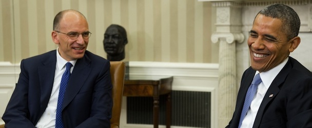 US President Barack Obama and Italian Prime Minister Enrico Letta talk during a meeting in the Oval Office of the White House in Washington, DC, October 17, 2013. AFP PHOTO / Saul LOEB (Photo credit should read SAUL LOEB/AFP/Getty Images)