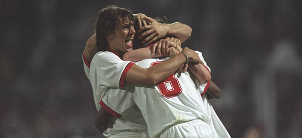 18 May 1994: Paulo Maldini (left) of A C Milan celebrates with his team mates after the fourth goal during the European Cup Final between Barcelona and A C Milan in the Olympic Stadium in Athens, Greece. AC Milan won the match 4-0. Mandatory Credit: Shaun Botterill/Allsport
