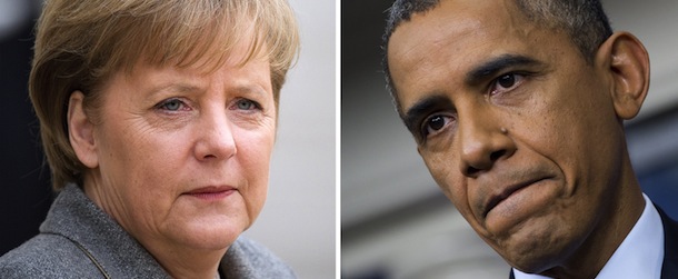 This combination of two pictures shows (at L) German Angela Merkel in Paris on February 6, 2012, and (at R) US President Barack Obama in Washington, DC, on October 8, 2013. Germany on October 24, 2013 summoned the US ambassador to Berlin over suspicions that Washington spied on Chancellor Angela Merkel&#8217;s mobile phone, a foreign ministry spokeswoman said. Foreign Minister Guido Westerwelle will personally meet with US envoy John B. Emerson later Thursday, the spokeswoman told AFP, in a highly unusual step between the decades-long allies. AFP PHOTO / LIONEL BONAVENTURE &#8211; SAUL LOEB (Photo credit should read LIONEL BONAVENTURE,SAUL LOEB/AFP/Getty Images)
