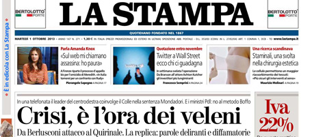 Le prime pagine di martedì 1 ottobre 2013
