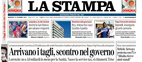 Le prime pagine di martedì 15 ottobre 2013