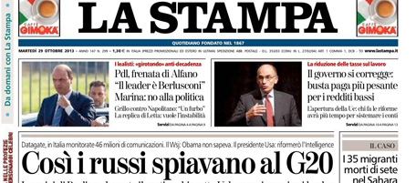 Le prime pagine di martedì 29 ottobre 2013