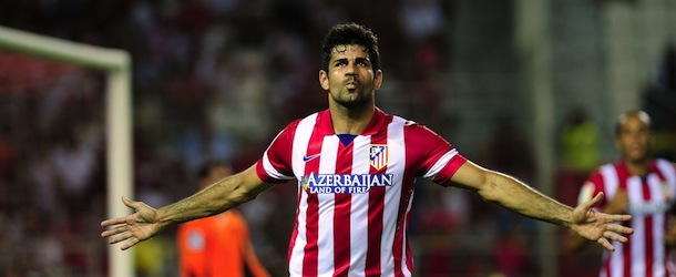 Atletico Madrid&#8217;s Brazilian forward Diego da Silva Costa celebrates after scoring against Sevilla during the Spanish league football match Sevilla FC vs Club Atletico de Madrid at the Ramon Sanchez Pizjuan stadium in Sevilla on August 18, 2013. AFP PHOTO / CRISTINA QUICLER (Photo credit should read CRISTINA QUICLER/AFP/Getty Images)
