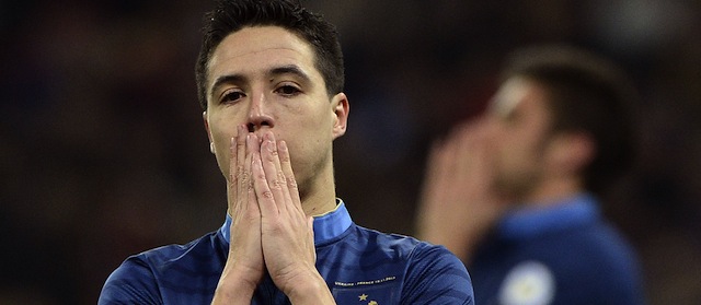 France's midfielder Samir Nasri reacts during the 2014 FIFA World Cup qualifying play-off first leg football match between Ukraine and France at the Olympic Stadium in Kiev on November 15, 2013. AFP PHOTO / FRANCK FIFE (Photo credit should read FRANCK FIFE/AFP/Getty Images)