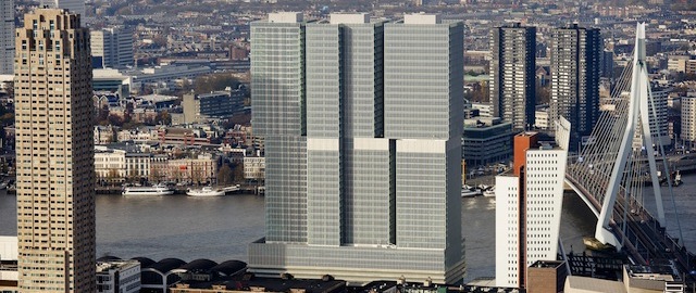 Aerial view of De Rotterdam, the greatest construction of The Netherlands in Rotterdam on November 21, 2013. The building situated on the Wilhelminapier, will house 5000 people in apartments, offices and a hotel. Dutch architect of the building Rem Koolhaas names this building for this reason the 'vertical city'. AFP PHOTO ANP ROBIN VAN LONKHUIJSEN - Netherlands out - Belgium out (Photo credit should read ROBIN VAN LONKHUIJSEN/AFP/Getty Images)